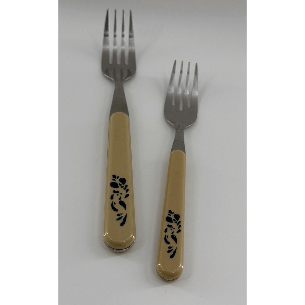 Vtg 2 Forks Pfaltzgraff Folk ART Stainless Plastic Handles Flatware Dinner Salad